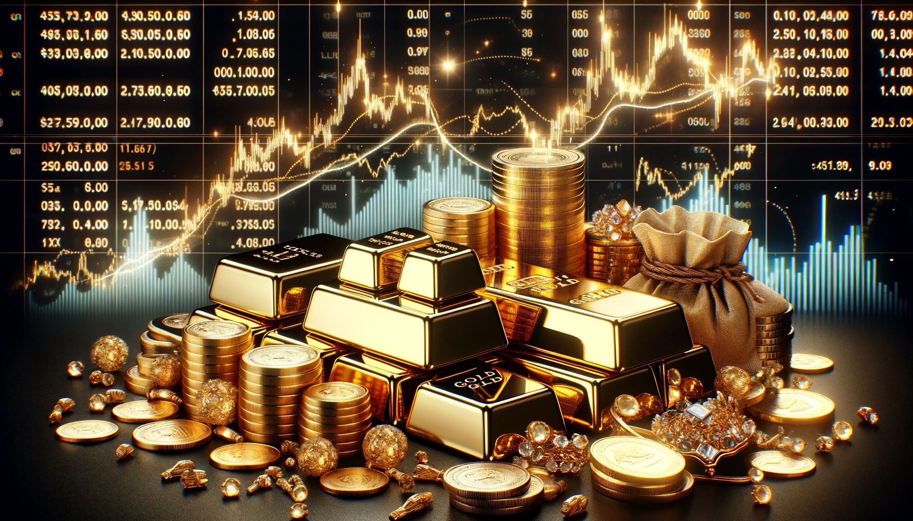 DALLE 2024 01 29 10.54.15 The image showcases  a luxurious collection of gold items with an added feature. In front of the neatly stacked shiny gold bars the pile of sparkling 