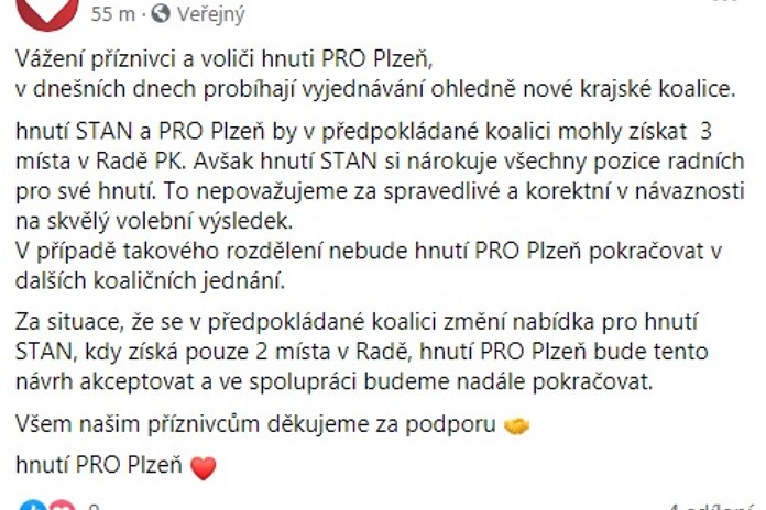Hnutí Pro Plzeň vyhrožuje odchodem z volební koalice vedené Bernardem